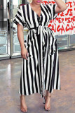Black Fashion Casual Striped Print Bandage V Neck Shirt Dress Dresses