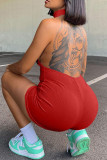Red Sexy Solid Patchwork Backless Halter Regular Rompers