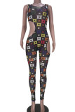Purple Sexy Print Hollowed Out Patchwork O Neck Regular Jumpsuits