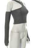 Grey Sexy Striped Patchwork One Shoulder Tops