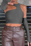 Grey Sexy Striped Patchwork One Shoulder Tops