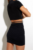 Black Fashion Casual Solid Bandage Regular High Waist Skirt