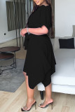 Blue Casual Solid Patchwork With Belt Asymmetrical O Neck Irregular Dress Dresses