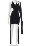 Black Sexy Solid Tassel Halter Irregular Dress Dresses