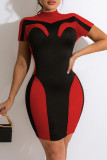 Red Fashion Casual Patchwork Basic O Neck Short Sleeve Dress Dresses
