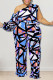 Purple Casual Print Patchwork Oblique Collar Plus Size Jumpsuits