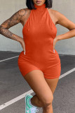 Red Sexy Solid Patchwork Backless Halter Regular Rompers