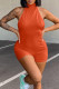 Tangerine Sexy Solid Patchwork Backless Halter Regular Rompers