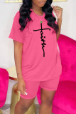 Pink Casual Print Patchwork O Neck Short Sleeve Two Pieces