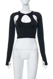 Black Sexy Solid Hollowed Out O Neck Tops