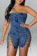 Deep Blue Fashion Sexy Solid Chains Backless Strapless Skinny Romper