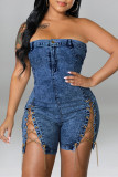 Light Blue Fashion Sexy Solid Chains Backless Strapless Skinny Romper
