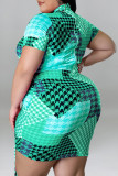 Green Casual Print Split Joint O Neck One Step Skirt Plus Size Dresses