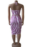 Green Sexy Print Hollowed Out Patchwork Draw String Backless Fold Halter One Step Skirt Dresses