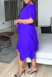 Blue Casual Solid Patchwork With Belt Asymmetrical O Neck Irregular Dress Dresses