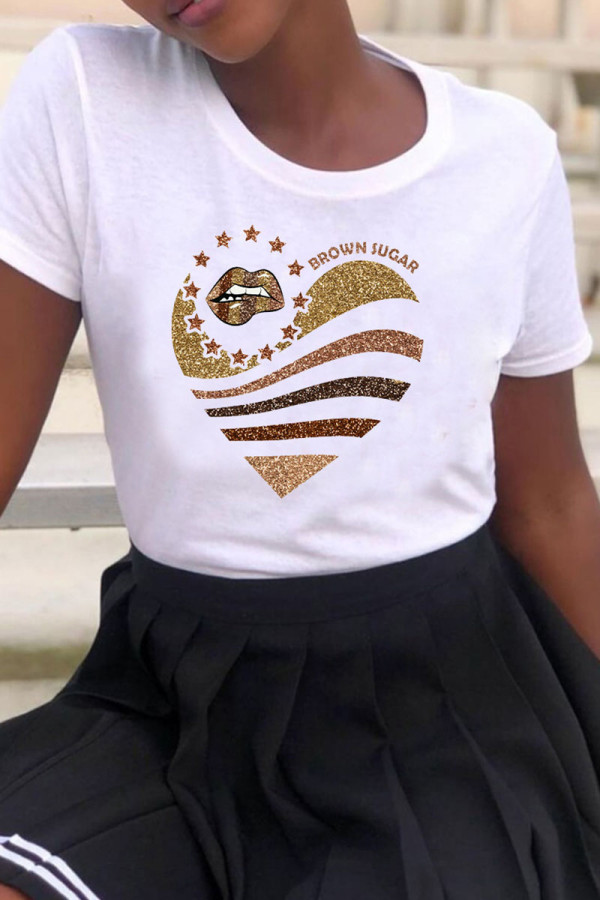 White Fashion Casual Print Basic O Neck T-Shirts