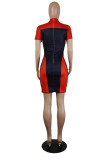 Red Fashion Casual Patchwork Basic O Neck Short Sleeve Dress Dresses