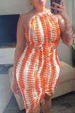 Green Sexy Print Hollowed Out Patchwork Draw String Backless Fold Halter One Step Skirt Dresses