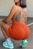 Red Sexy Solid Patchwork Backless Halter Regular Rompers