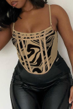 Apricot Sexy Print Patchwork Spaghetti Strap Tops