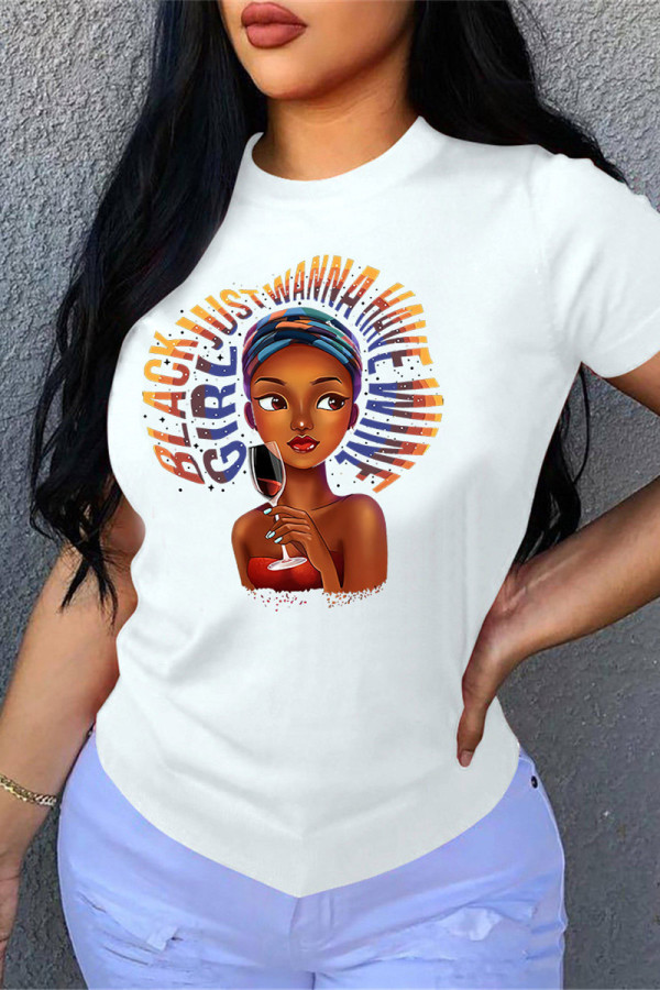 White Fashion Casual Print Basic O Neck T-Shirts