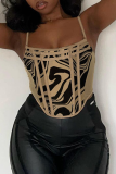 Apricot Sexy Print Patchwork Spaghetti Strap Tops