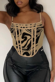 Apricot Sexy Print Patchwork Spaghetti Strap Tops