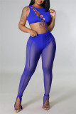 Blue Sexy Solid Bandage Hollowed Out See-through O Neck Sleeveless Two Pieces