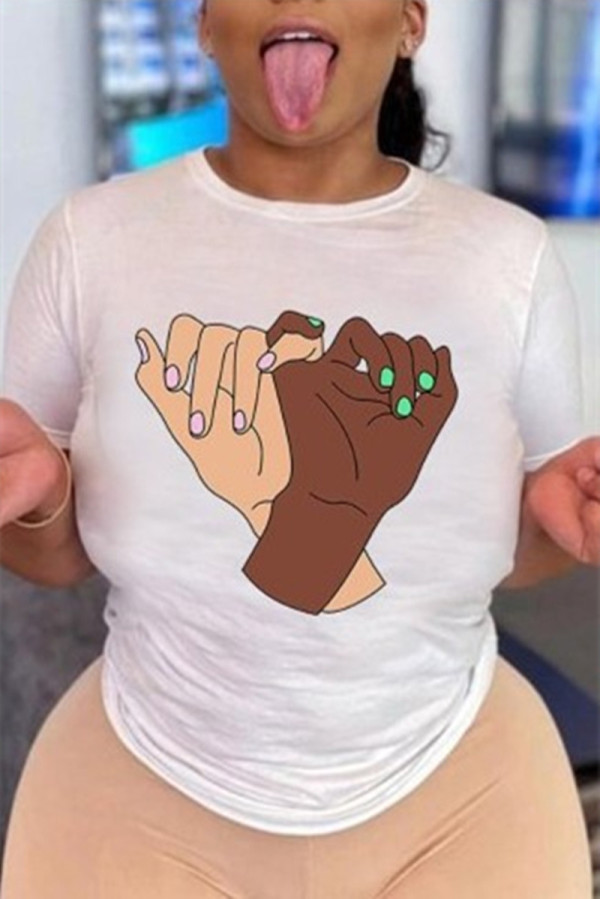 White Brown Fashion Casual Print O Neck T-Shirts