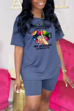 Pink Casual Print Patchwork O Neck Short Sleeve Two Pieces