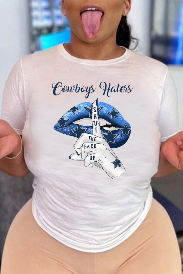 Blue Fashion Casual Print Basic O Neck T-Shirts
