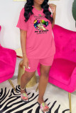 Pink Casual Print Patchwork O Neck Short Sleeve Two Pieces