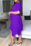 Blue Casual Solid Patchwork With Belt Asymmetrical O Neck Irregular Dress Dresses