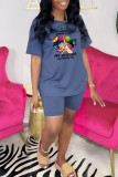 Pink Casual Print Patchwork O Neck Short Sleeve Two Pieces
