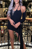 Black Sexy Solid Tassel Halter Irregular Dress Dresses