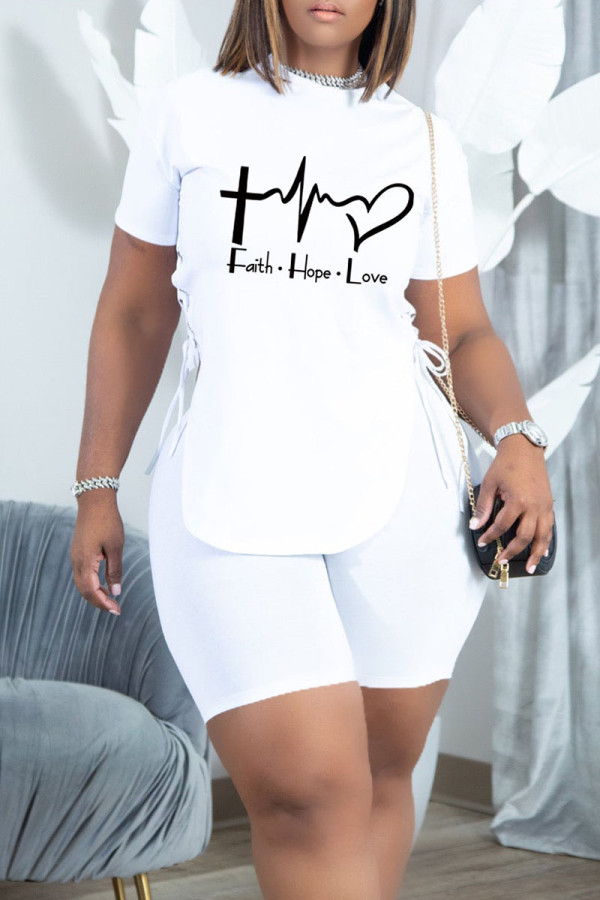 White Sexy Print Bandage Hollowed Out Patchwork Asymmetrical O Neck Short Sleeve Two Pieces