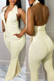 Grey Sexy Solid Patchwork Buckle Turndown Collar Straight Jumpsuits