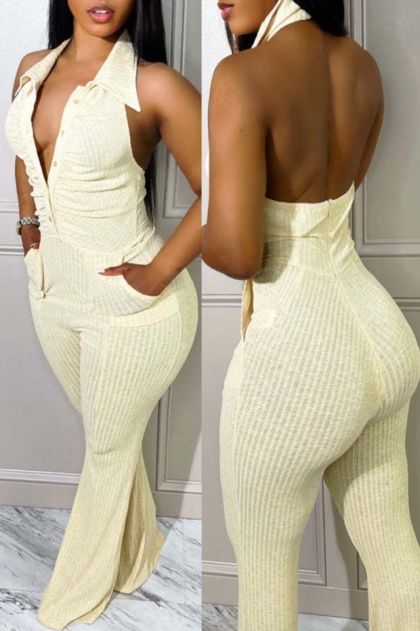 Apricot Sexy Solid Patchwork Buckle Turndown Collar Straight Jumpsuits