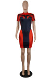 Red Fashion Casual Patchwork Basic O Neck Short Sleeve Dress Dresses