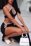 Black Sexy Solid Slit Halter Sleeveless Two Pieces