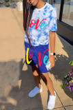 Blue Fashion Casual Print Basic Regular High Waist Shorts
