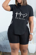 Black Sexy Print Bandage Hollowed Out Split Joint Asymmetrical O Neck Short Sleeve Two Pieces
