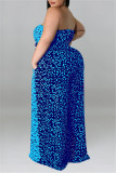 Blue Fashion Casual Print Split Joint Backless With Belt Strapless Plus Size Jumpsuits