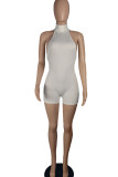 Red Sexy Solid Patchwork Backless Halter Regular Rompers
