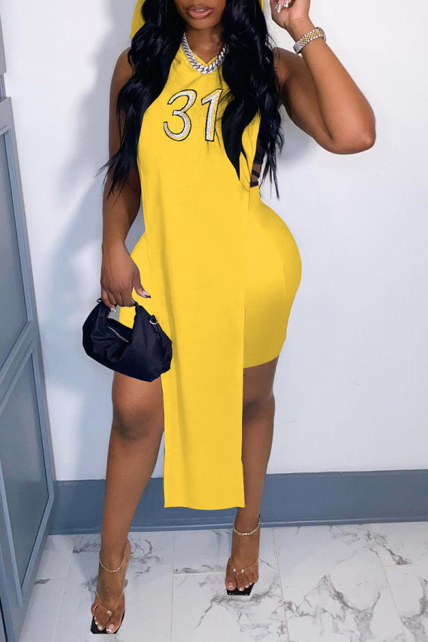 Yellow Sportswear Solid Embroidered Patchwork Slit Hooded Collar Sleeveless Two Pieces