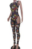 Purple Sexy Print Hollowed Out Patchwork O Neck Regular Jumpsuits