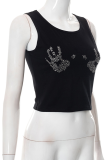 Black Sexy Print Hot Drill O Neck Tops