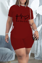 Burgundy Sexy Print Bandage Hollowed Out Split Joint Asymmetrical O Neck Short Sleeve Two Pieces