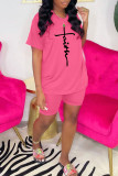 Pink Casual Print Patchwork O Neck Short Sleeve Two Pieces