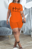Orange Sexy Print Bandage Hollowed Out Patchwork Asymmetrical O Neck Short Sleeve Two Pieces